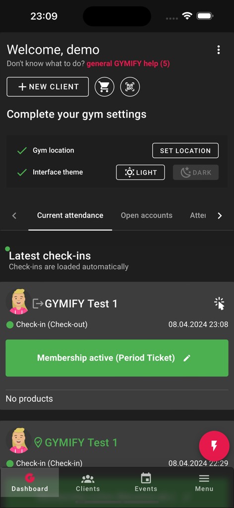 GMF My Gym - Gym management dashboard showing real-time member check-ins and attendance tracking interface