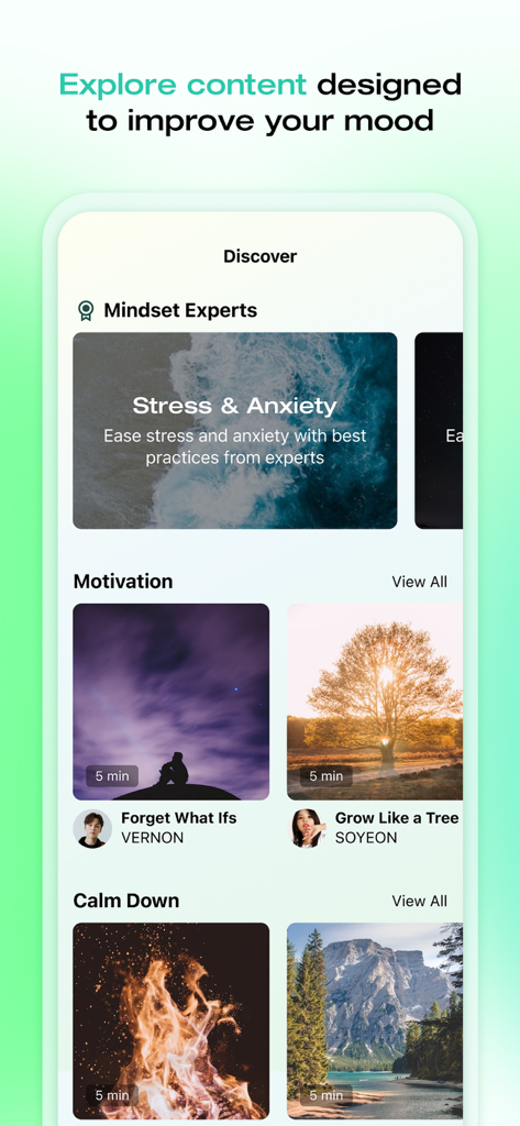 MINDSET by DIVE Studios - Mindset app Discover screen featuring celebrity and expert mental health content