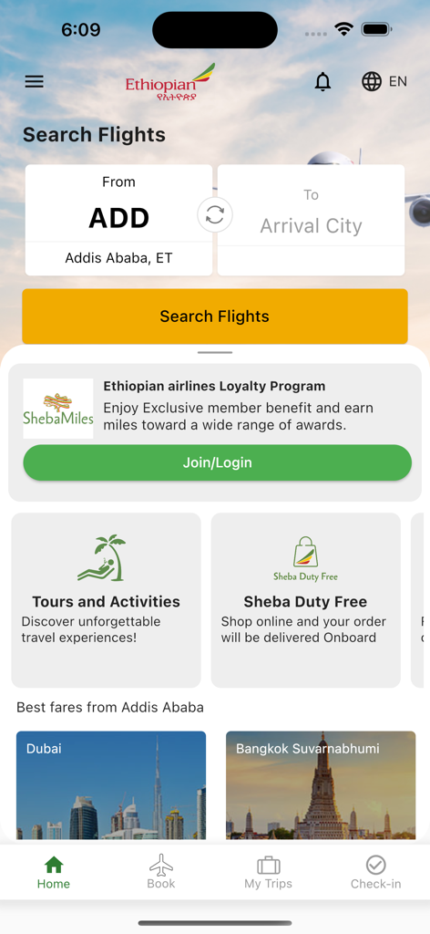 Startbildschirm der Ethiopian Airlines Mobile App mit Flugsuchoptionen und ShebaMiles Treueprogramm-Banner