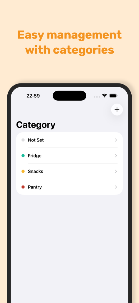 FreshExpire - A screenshot of the FreshExpire app interface showing different food categories including Fridge, Snacks, and Pantry