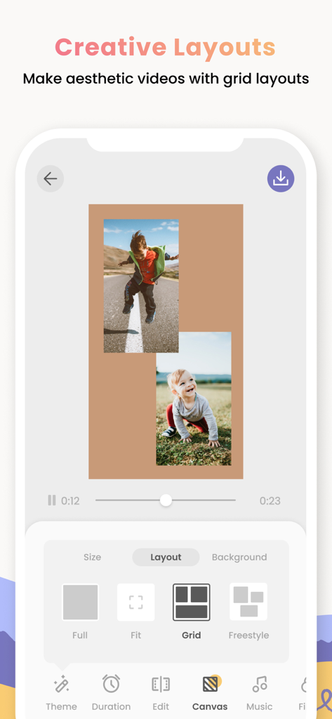 VDO Video Maker by PicCollage - Interfaz de la aplicación VDO Video Maker que muestra diseños de cuadrícula creativos para una edición de video estética