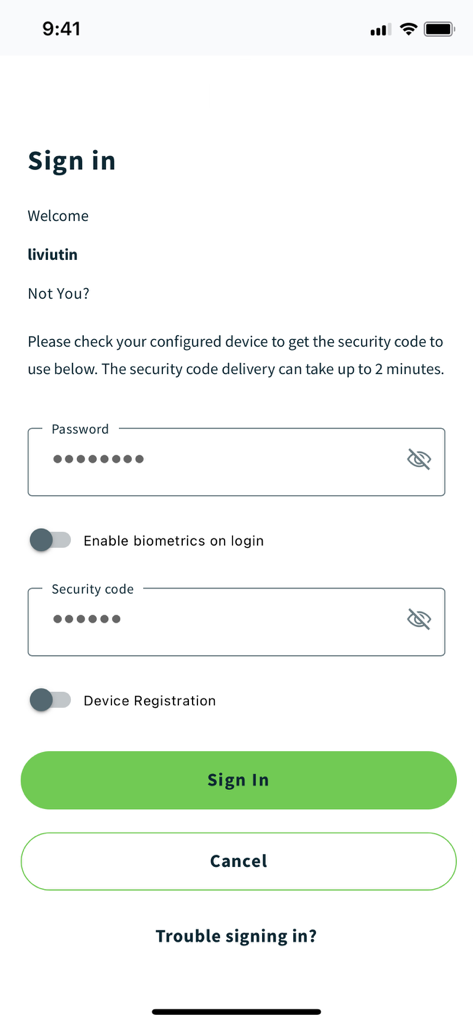 Worldpay Dashboard - Anmeldebildschirm für die Worldpay Dashboard App, der Felder für die Eingabe des Passworts und des Sicherheitscodes anzeigt