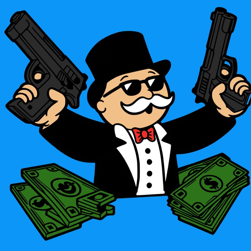 monopoly man holding guns and money