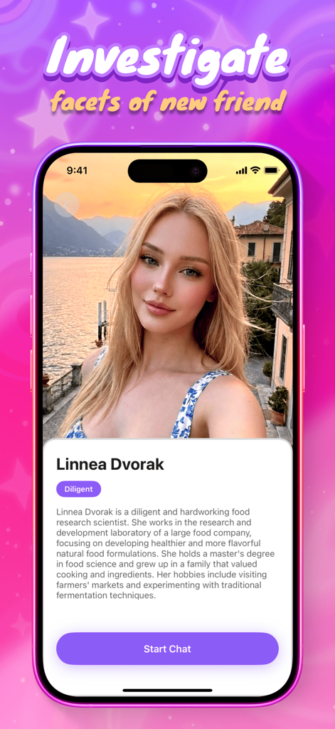 Kado: Chat & Be Yourself - Una pantalla de la aplicación Kado que muestra el perfil de un personaje de IA llamado Linnea Dvorak con una biografía y un botón para iniciar chat
