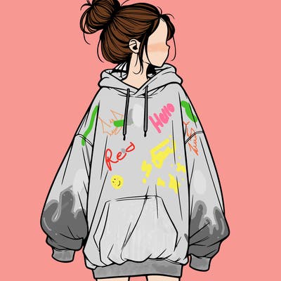 realistic girl with a oversized sweatshirt on and a bun