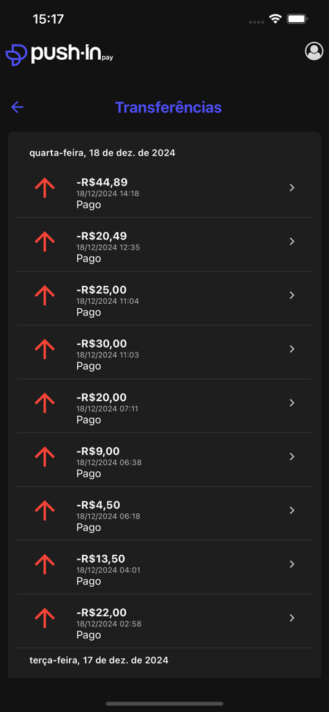 PushinPay - PushinPay mobile app interface displaying a list of recent financial transfers and payments