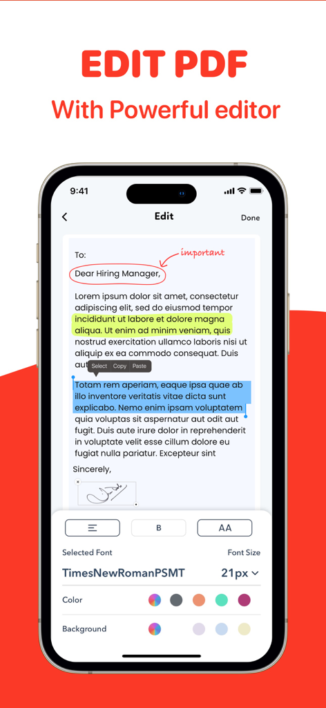 Un'interfaccia mobile dell'app Convertitore PDF che mostra un documento in fase di modifica con funzionalità come evidenziazione del testo, annotazioni calligrafiche e personalizzazione dei caratteri.