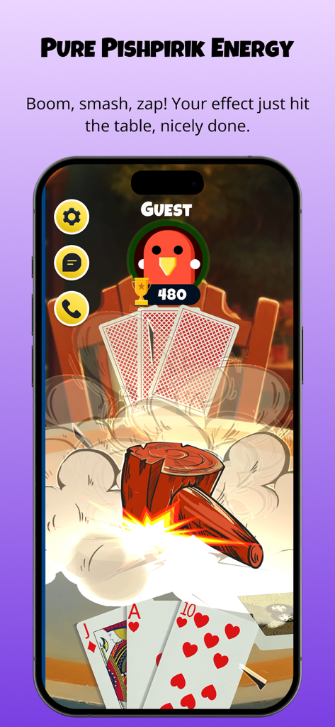 Pishpirik - Una captura de pantalla del juego Pishpirik que muestra una animación de un mazo de madera golpeando la mesa de cartas.