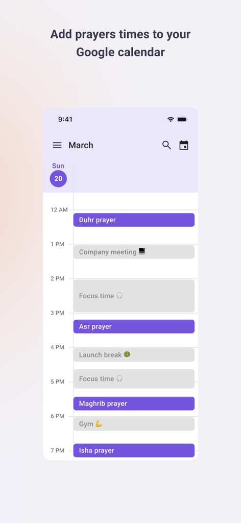 Screenshot of the Fajr app feature showing prayer times integrated into a Google Calendar alongside professional meetings and tasks
