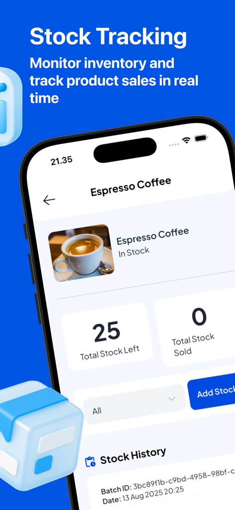 Salesmaster app interface showing real-time stock tracking for an espresso coffee product with inventory counts and history