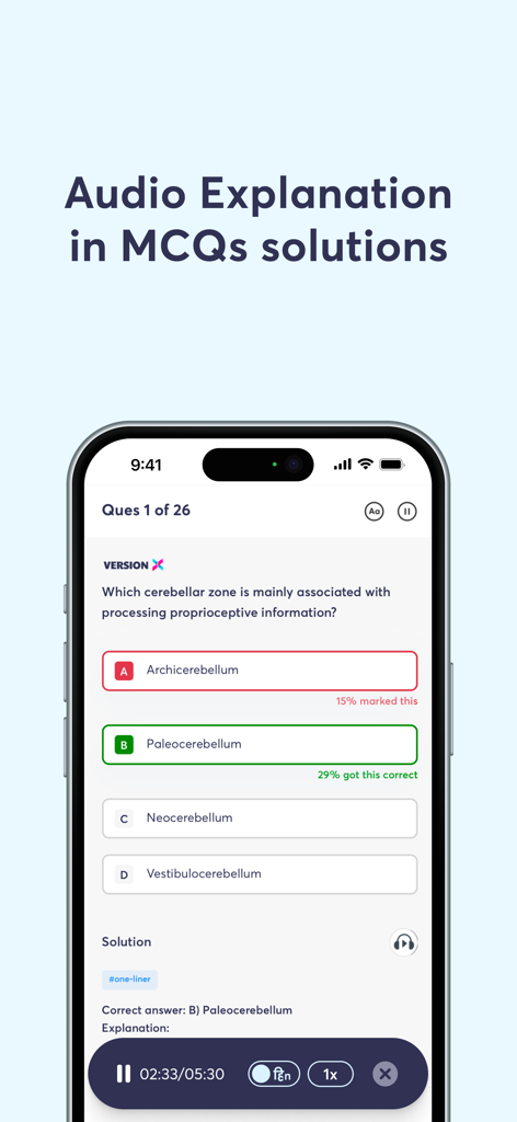 PrepLadder app interface showing a medical MCQ with an integrated audio explanation player