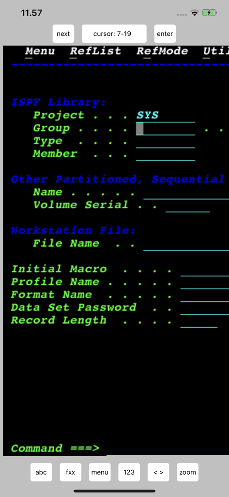 Mobile screen showing a green-screen IBM 3270 terminal emulator with ISPF Library input fields
