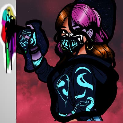 realistic girl with mask spray painting a wall