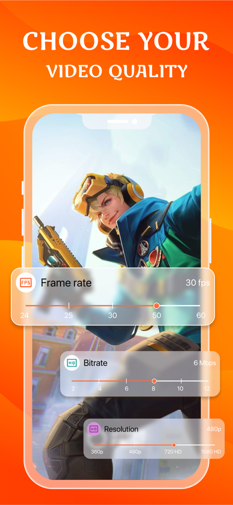 Screen Recorder for iPhone HD - Screen Recorder App-Oberfläche, die einstellbare Einstellungen für Bildrate Bitrate und Auflösung zeigt