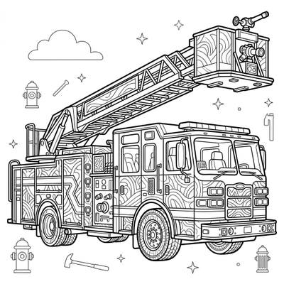 Ignite your creativity with this detailed ladder truck coloring page, specially designed for adult enthusiasts. Dive into intricate patterns and bring this heroic fire engine to life with your favorite colors.
