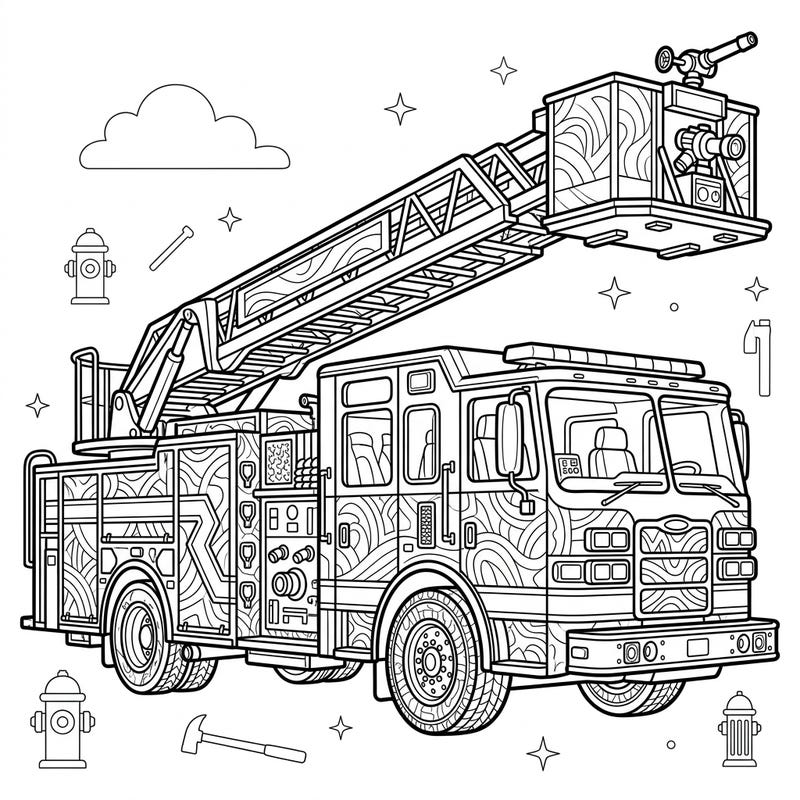 Ignite your creativity with this detailed ladder truck coloring page, specially designed for adult enthusiasts. Dive into intricate patterns and bring this heroic fire engine to life with your favorite colors.