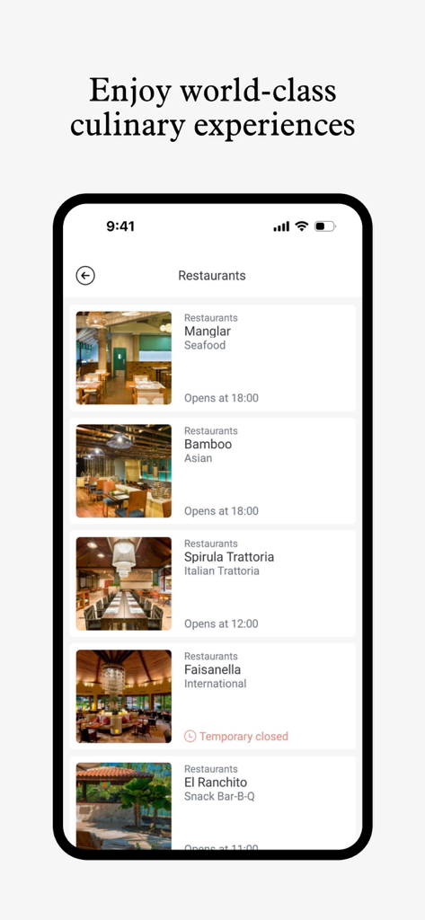 Marriott Experience - Marriott Experience app interface showing a curated list of resort restaurants including seafood, asian, and italian dining options.