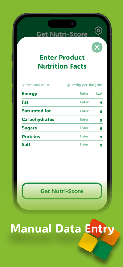 Pantalla de entrada manual de información nutricional de Nutri-UPF Score en un iPhone