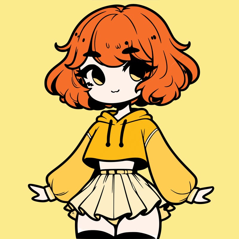 cute femboy with short, fluffy hair that softly frames their face, wearing a cropped hoodie, paired with a flouncy short skirt, and thigh-high stockings