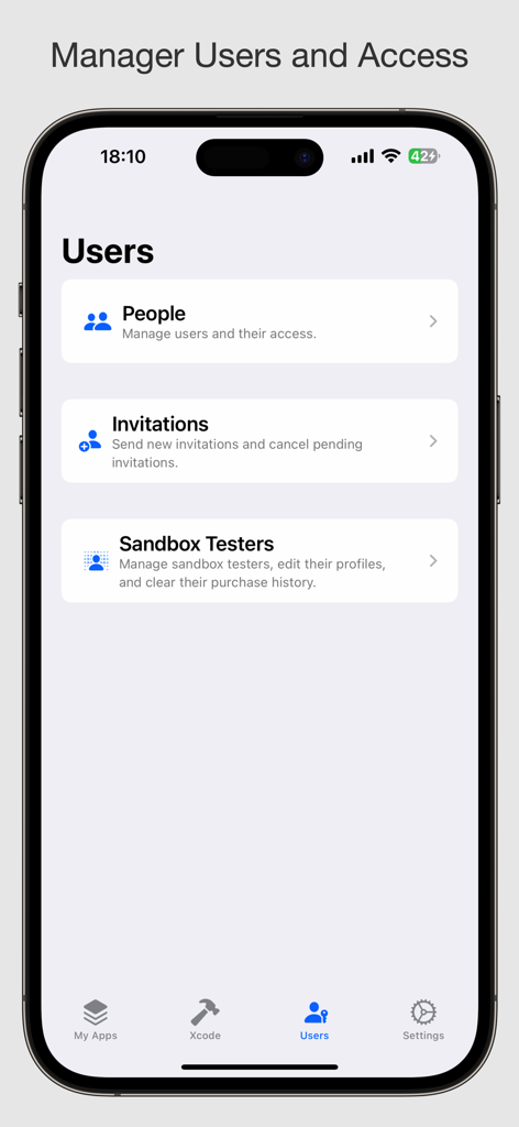 Connected - For App Developers - User management screen in the Connected app showing options for people invitations and sandbox testers
