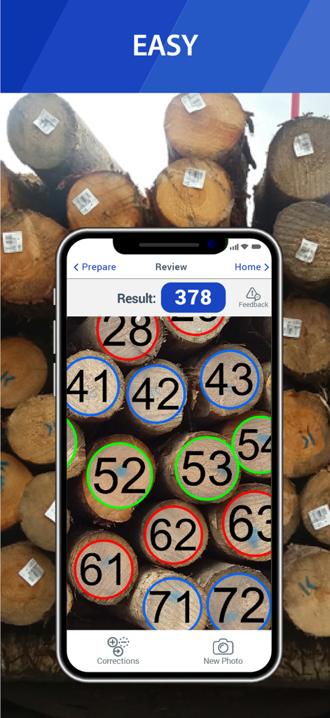 CountThings from Photos - CountThings from Photosアプリに、番号付きの視覚マーカーが付いた丸太の自動カウントが表示されている。