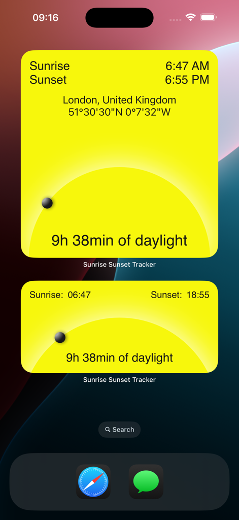 Sunrise Sunset Tracker - iPhone home screen displaying two yellow widgets from the Sunrise Sunset Tracker app showing sun times and daylight duration
