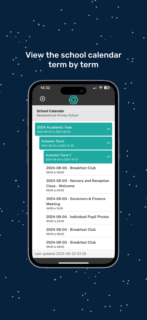 Eduspot - Smartphone screen showing the Eduspot app school calendar with term dates and scheduled events.