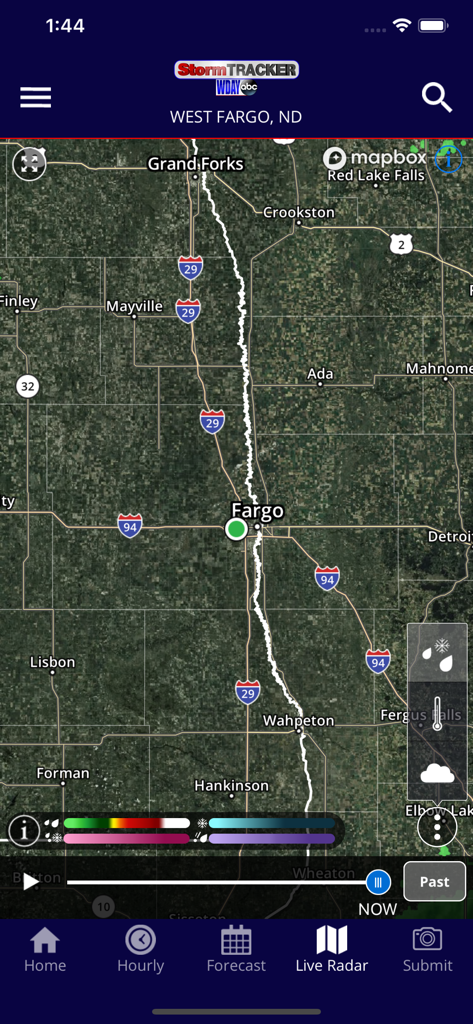 WDAY StormTRACKER app showing live weather radar for Fargo North Dakota