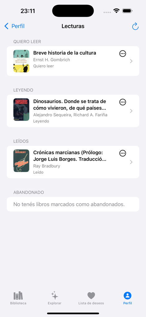 Tremendos Libros - Interface of the Tremendos Libros app showing the user's reading lists categorized by status like want to read and currently reading