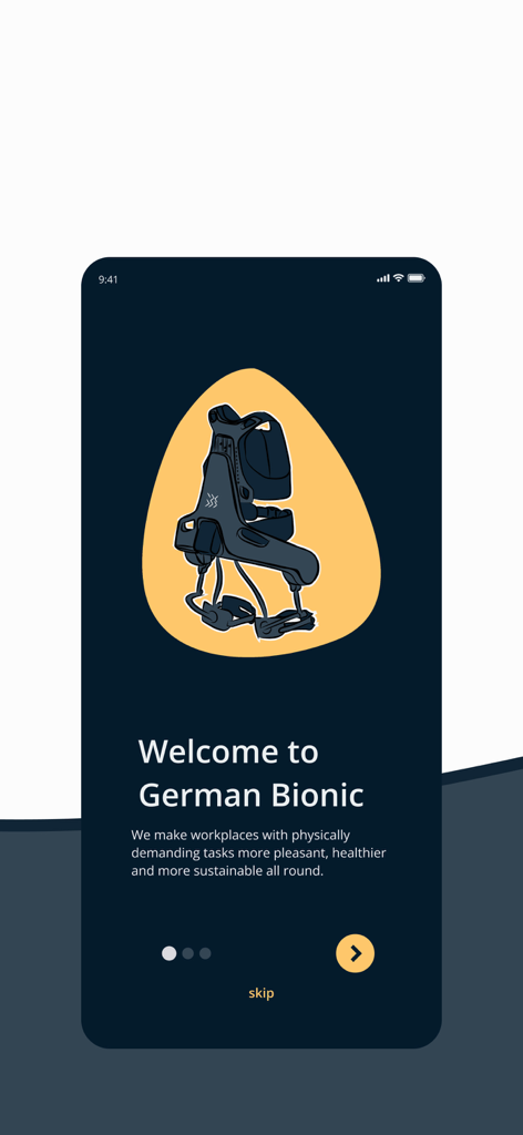 German Bionic Connect - Welcome screen of German Bionic Connect app showing an exoskeleton illustration