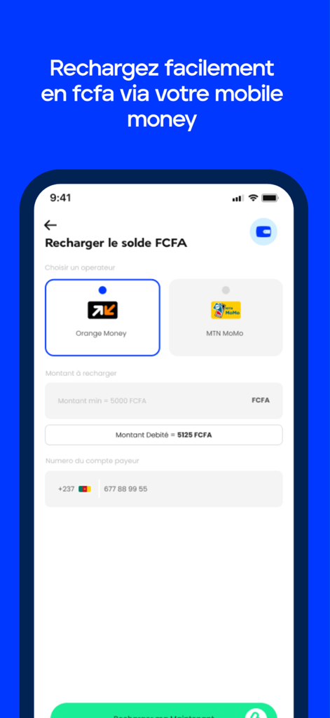 Monix - Cartes Bancaires - Monix app screen for recharging balance using Orange Money or MTN MoMo
