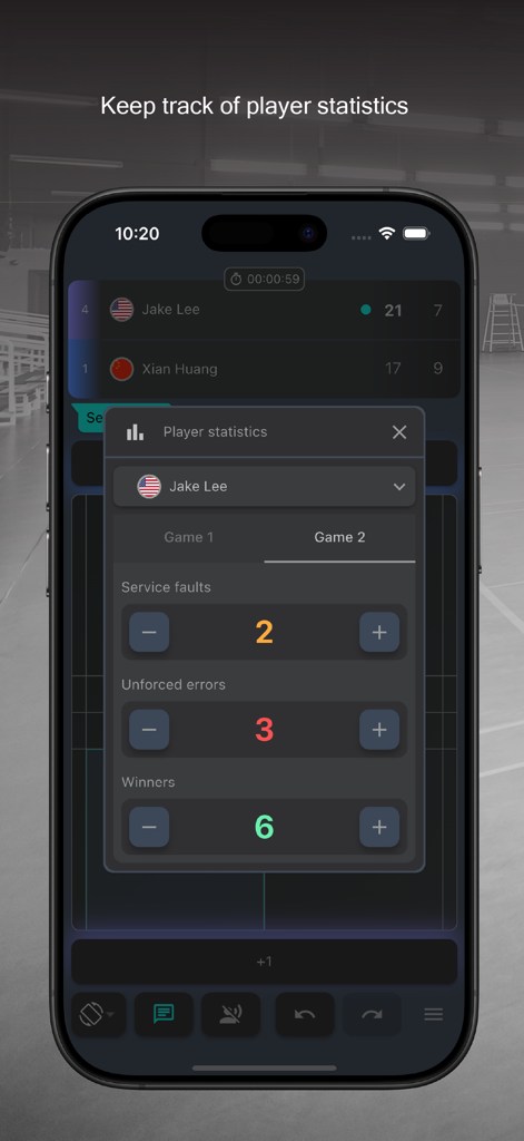 Badminton Scorer Pro - Mobile interface of Badminton Scorer Pro displaying player statistics for service faults, unforced errors, and winners