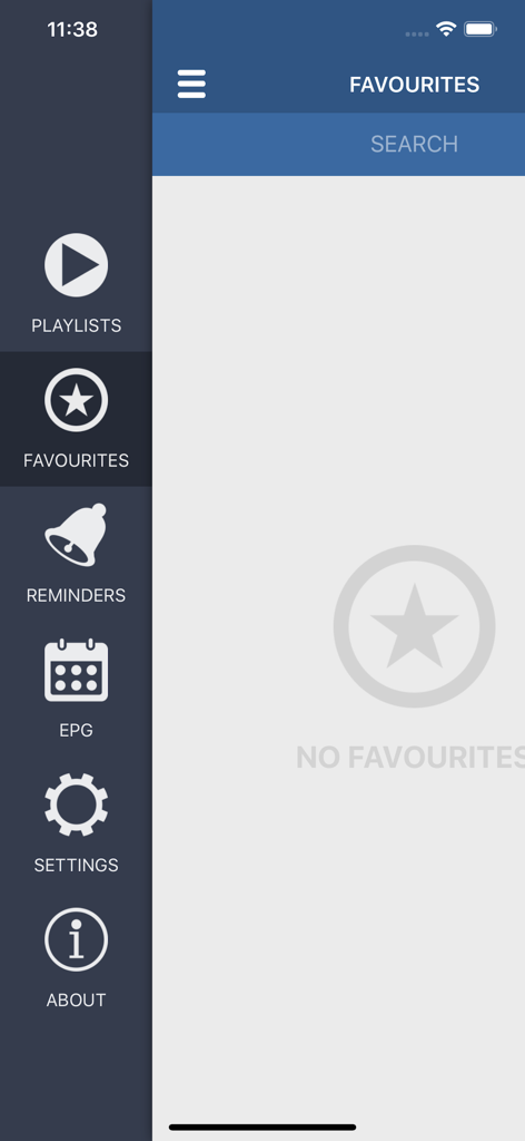 GoTV M3U IPTV Player interface showing the side navigation menu and empty favourites screen