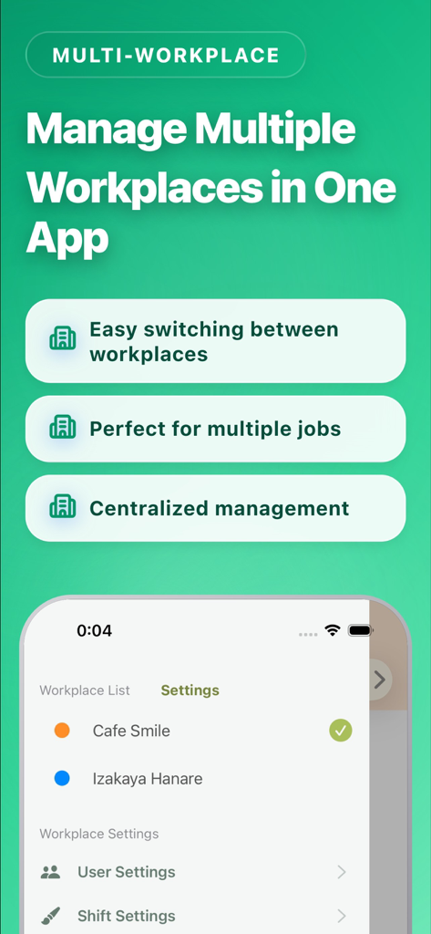 Shift management app! - Tela mostrando recursos de gerenciamento de vários locais de trabalho para usuários com vários empregos