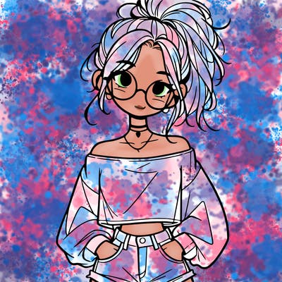 girl with a messy ponytail glasses a baggy crop top and jean shorts