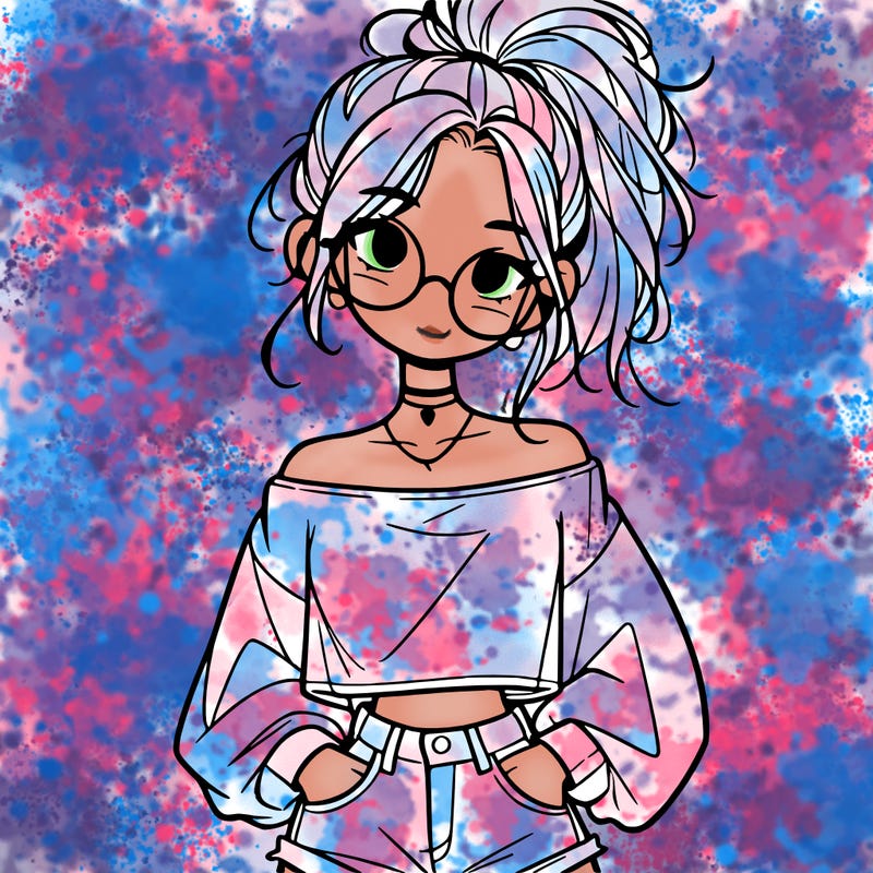 girl with a messy ponytail glasses a baggy crop top and jean shorts