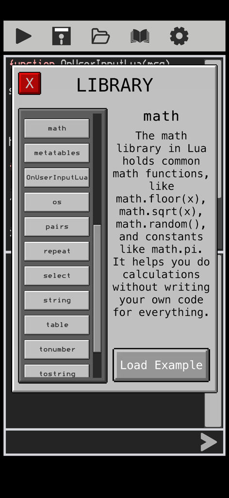 Luana: Code in Lua - Luana app library interface displaying Lua math library documentation and functions