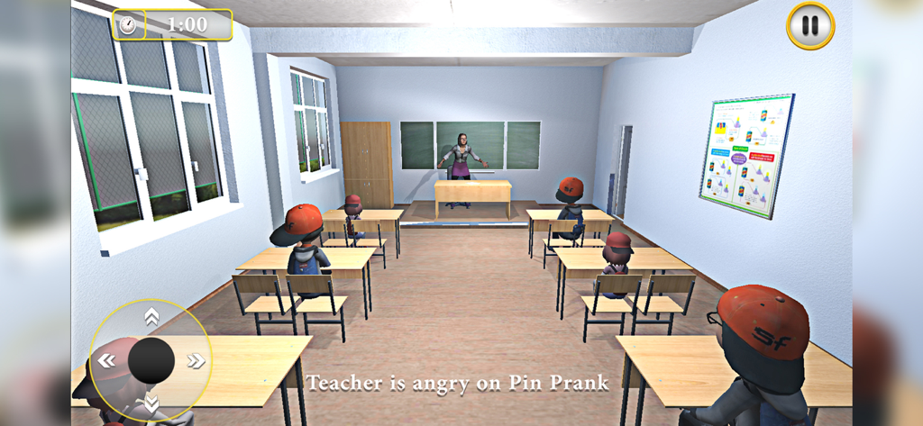 Scary Teacher - Creepy Game 3D - Maestra enfadada de pie frente a los estudiantes en un aula durante una escena de broma con alfileres en Scary Teacher 3D