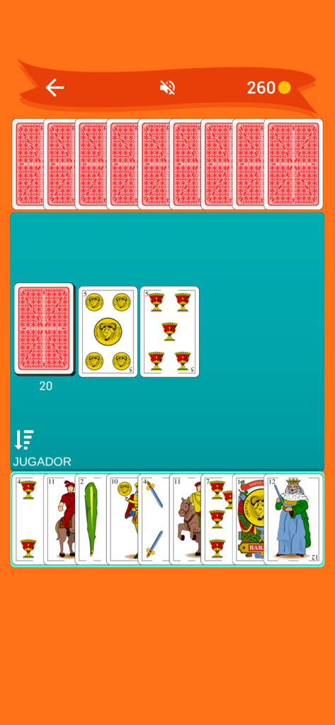 Sevens: card game - Gameplay screenshot of Sevens card game showing a traditional Spanish card deck on a mobile interface.