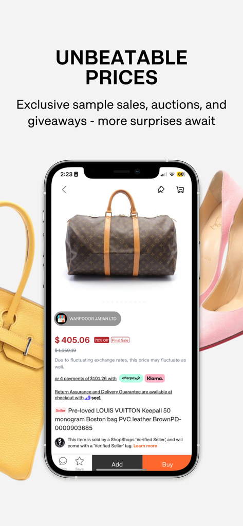 ShopShops: Designer Deals Live - Mobile app interface of ShopShops showing a pre-owned Louis Vuitton bag at a discounted price with Afterpay and Klarna options.