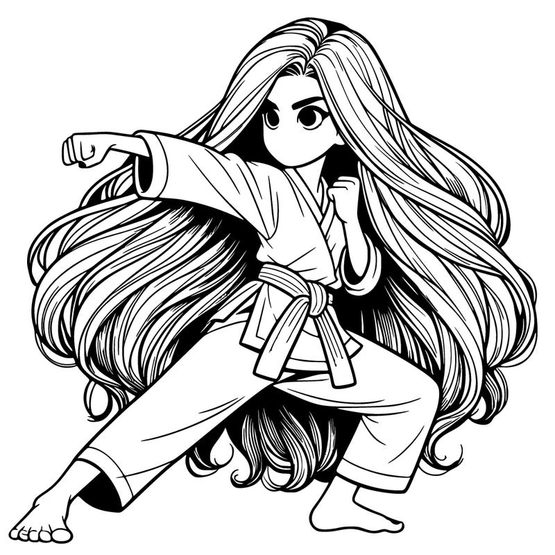 realistic girl with six feet of hair doing karate in a fighting stance with a serious face