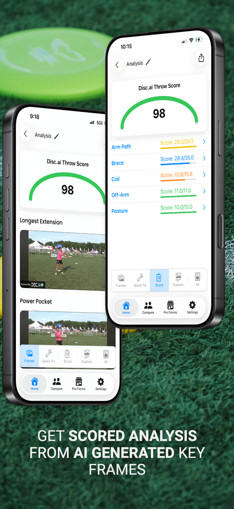 Disc.ai - Disc AI app interface showing throw score and AI performance analysis