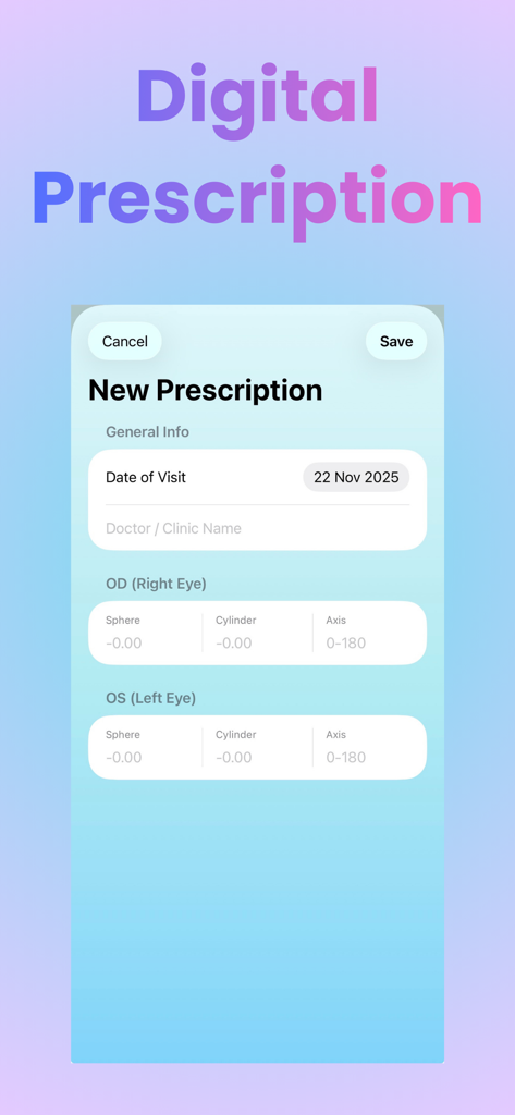 Clarity Track - Una pantalla de entrada de receta digital en la aplicación Clarity Track para registrar los resultados de los exámenes oculares.