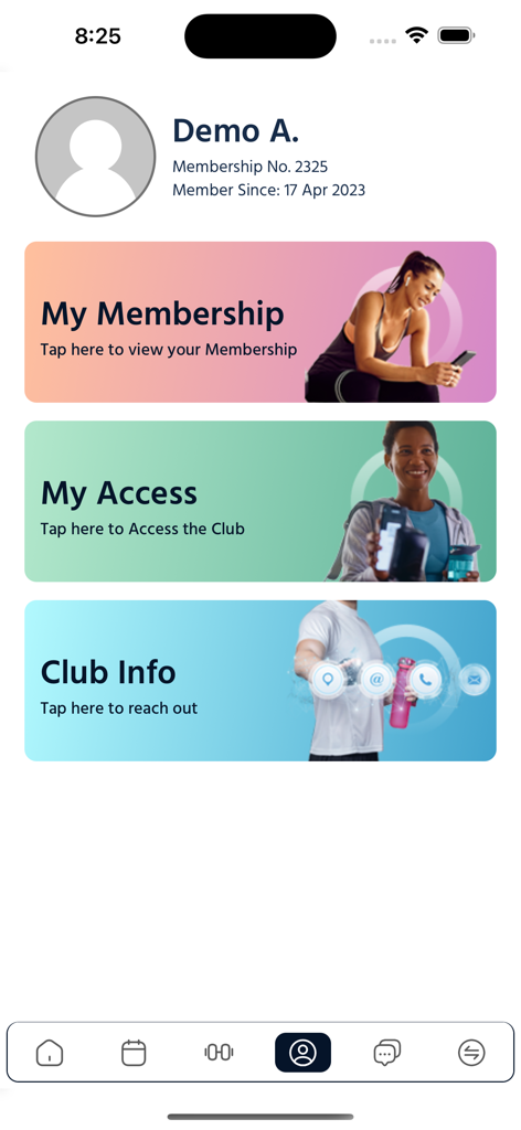 Pantalla de inicio de la aplicación MyClub Fitness mostrando el perfil de usuario con botones para detalles de la membresía, acceso al club e información de contacto del club