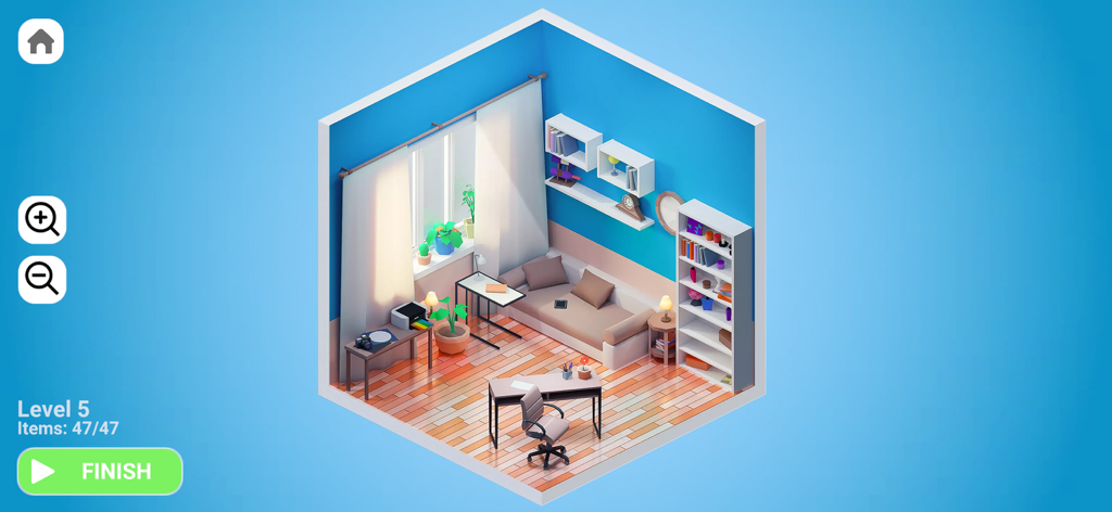 Interior Designer - Decor Life - インテリアデザイナー デコライフモバイルゲームの、青い壁とモダンな家具のある装飾されたアイソメトリック3Dオフィスルーム。