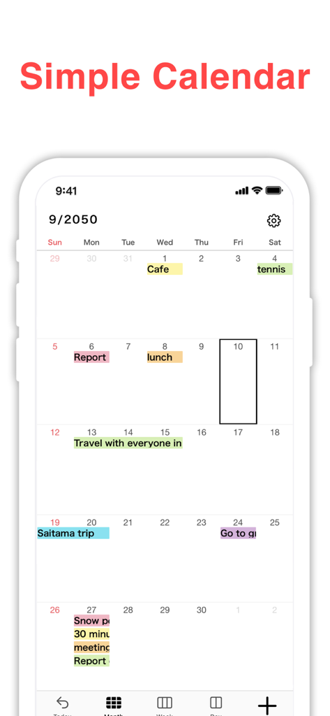 Monthly calendar view of N Calendar app with color coded schedule