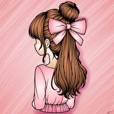 realistic girl  with hip length hair a bun and a big bow on the back of head
