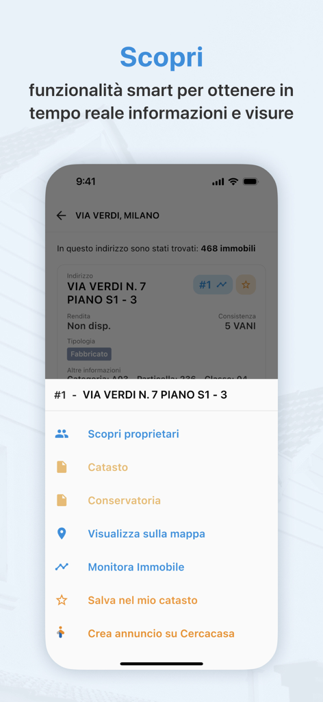 Whuis app mobile interface showing real estate property search results and owner lookup options