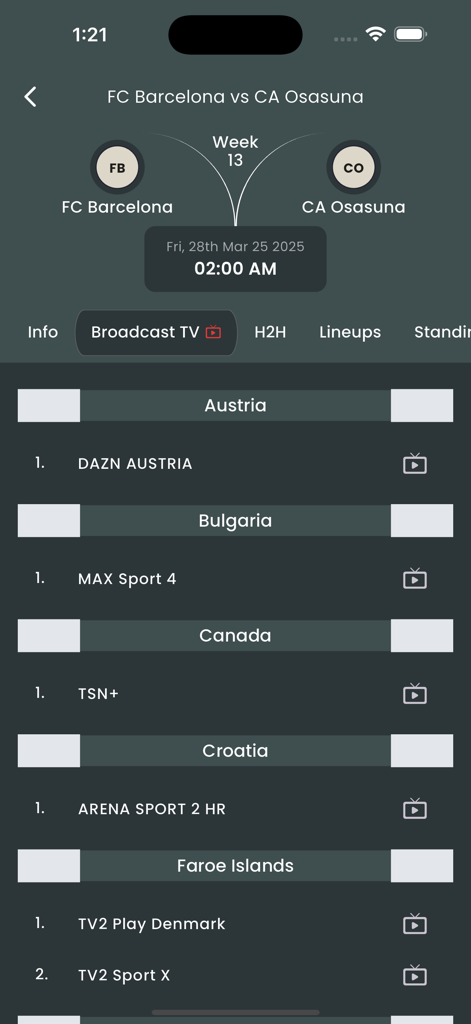 KUKI Football - A screenshot of the KUKI Football app's broadcast TV tab listing international television channels for an FC Barcelona vs CA Osasuna match.