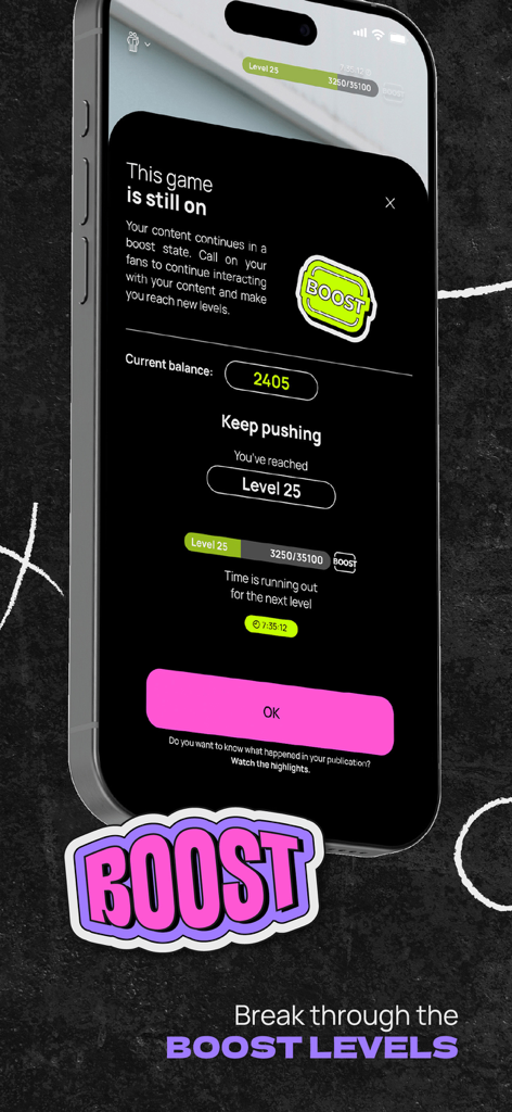 Smartphone screen showing the Feeberse app boost level feature for gamified soccer social interaction